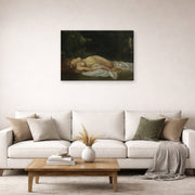 Gallery-wrapped canvas print of Gustave Courbet's Nu Couche displayed on a wall in a living room