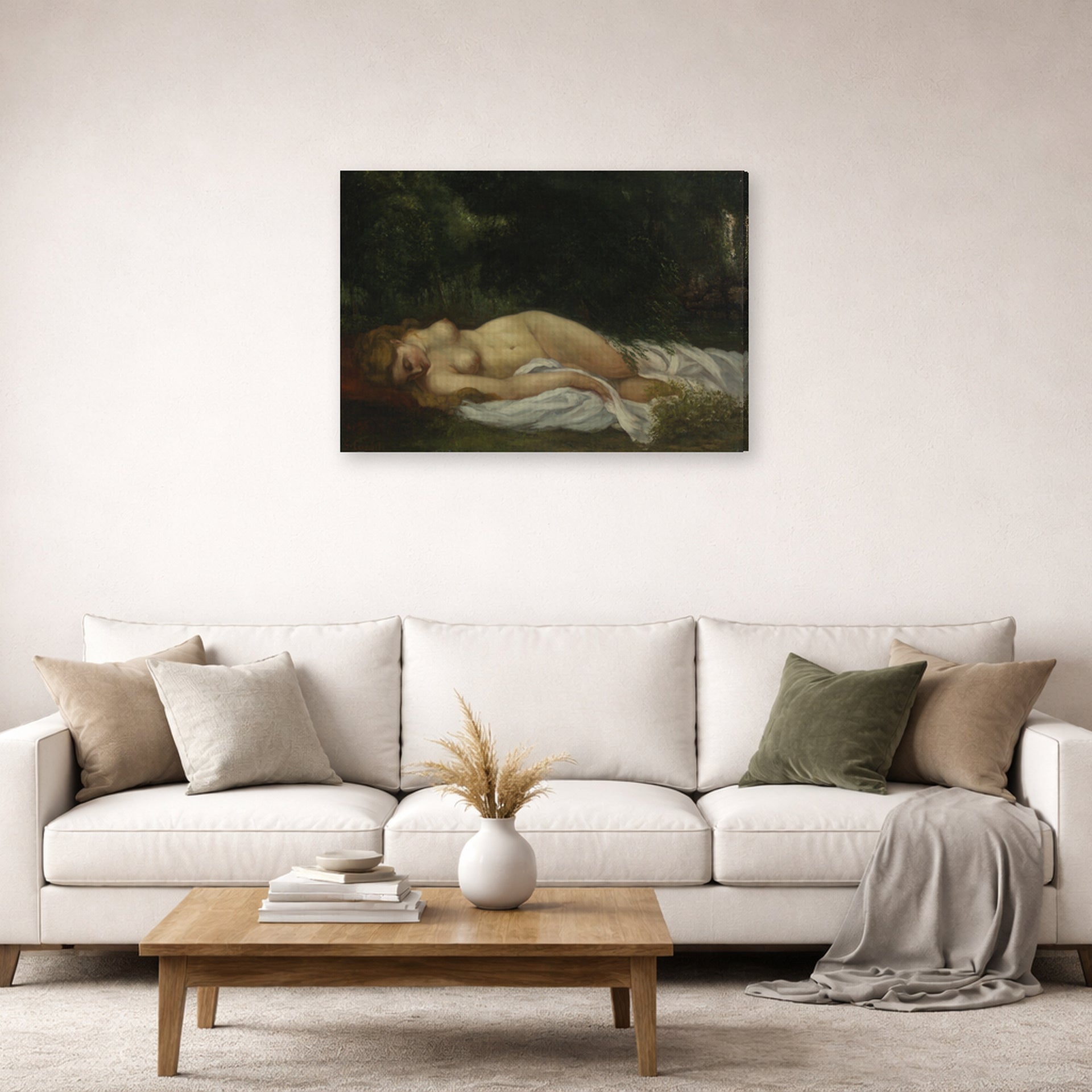 Gallery-wrapped canvas print of Gustave Courbet's Nu Couche displayed on a wall in a living room