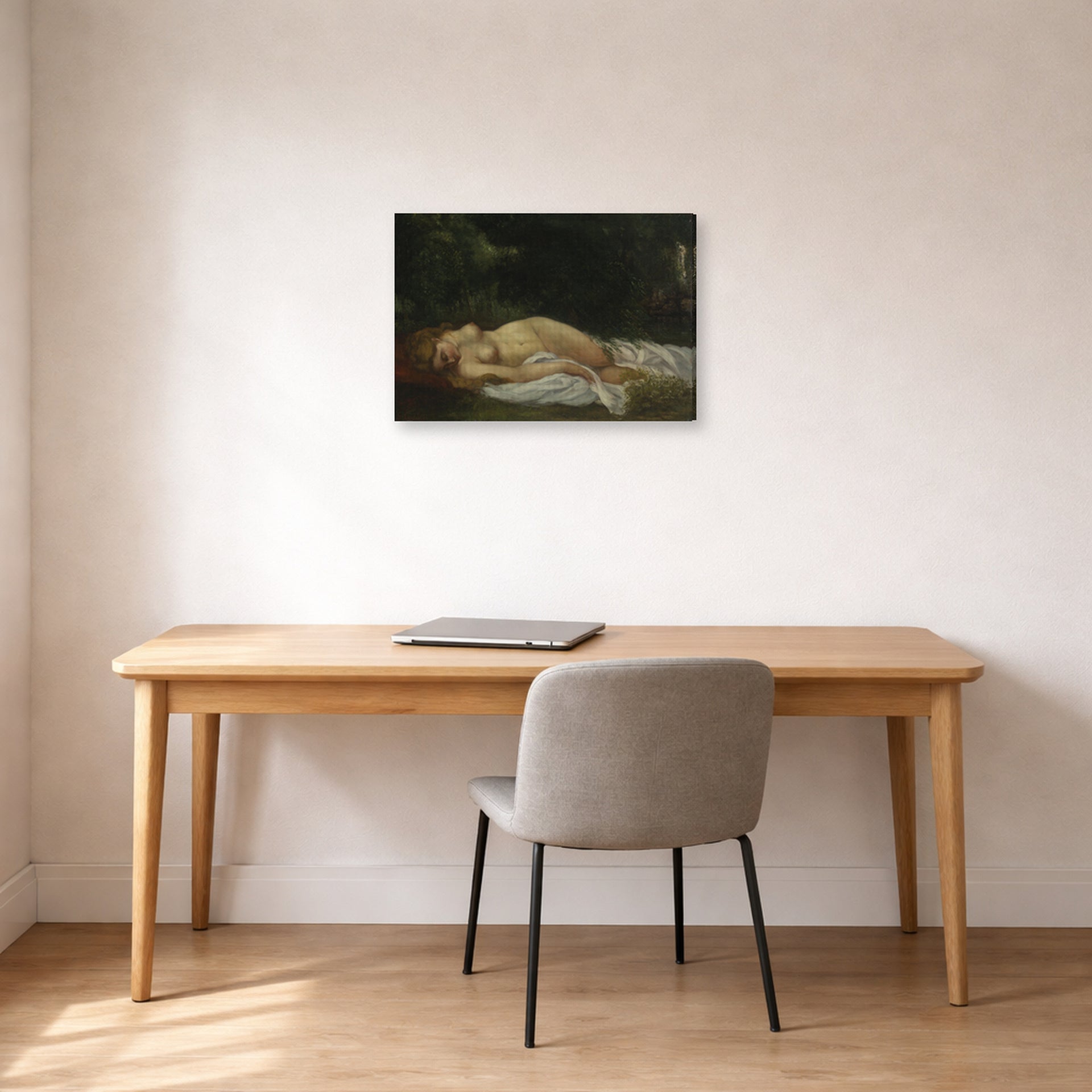 Gallery-wrapped canvas print of Gustave Courbet's Nu Couche displayed on a wall in a home office