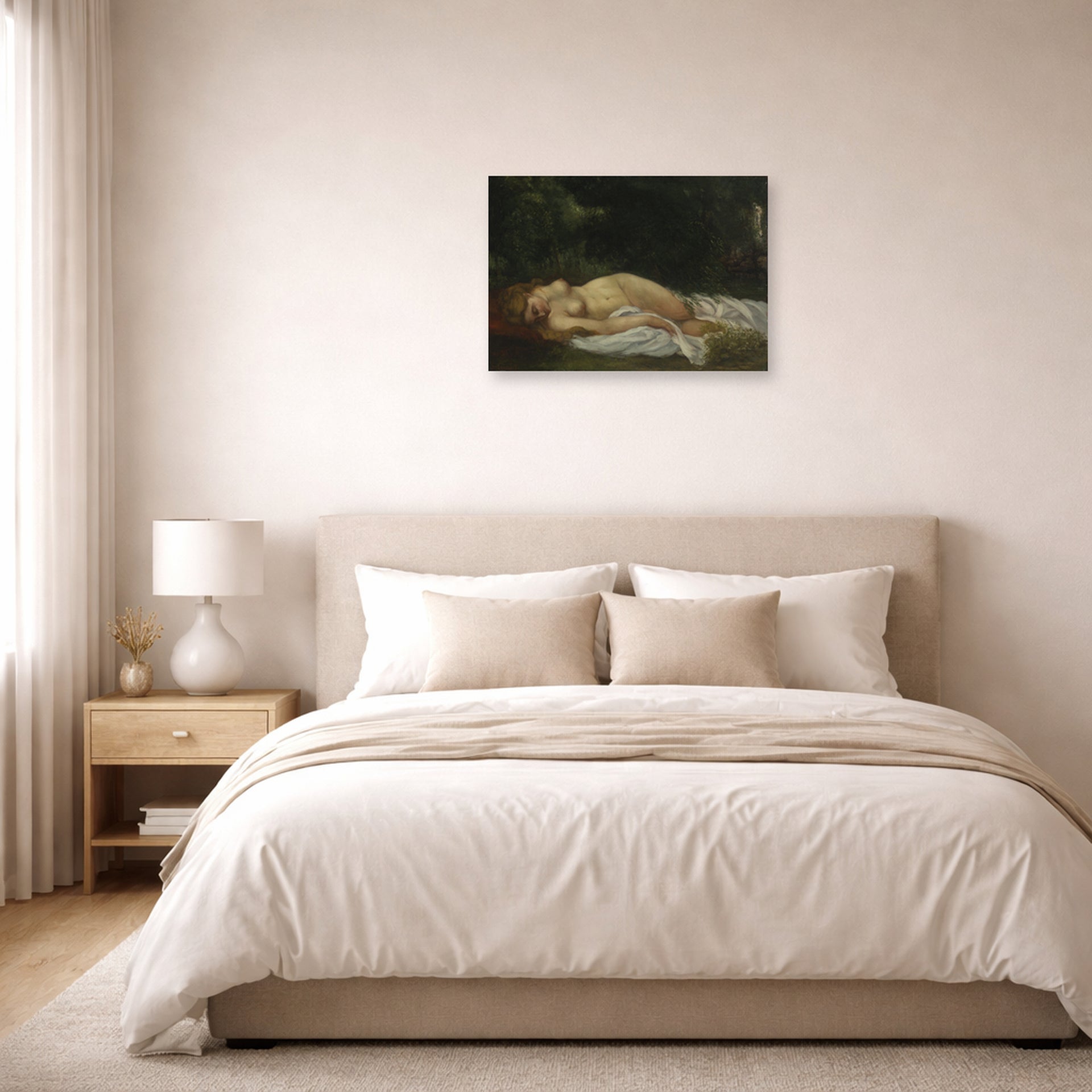 Unframed poster print of Gustave Courbet's Nu Couche displayed on a wall in a bedroom