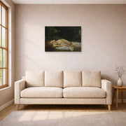 Unframed poster print of Gustave Courbet's Nu Couche displayed on a wall in a living room