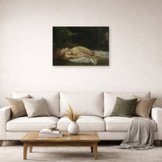 Unframed poster print of Gustave Courbet's Nu Couche displayed on a wall in a living room