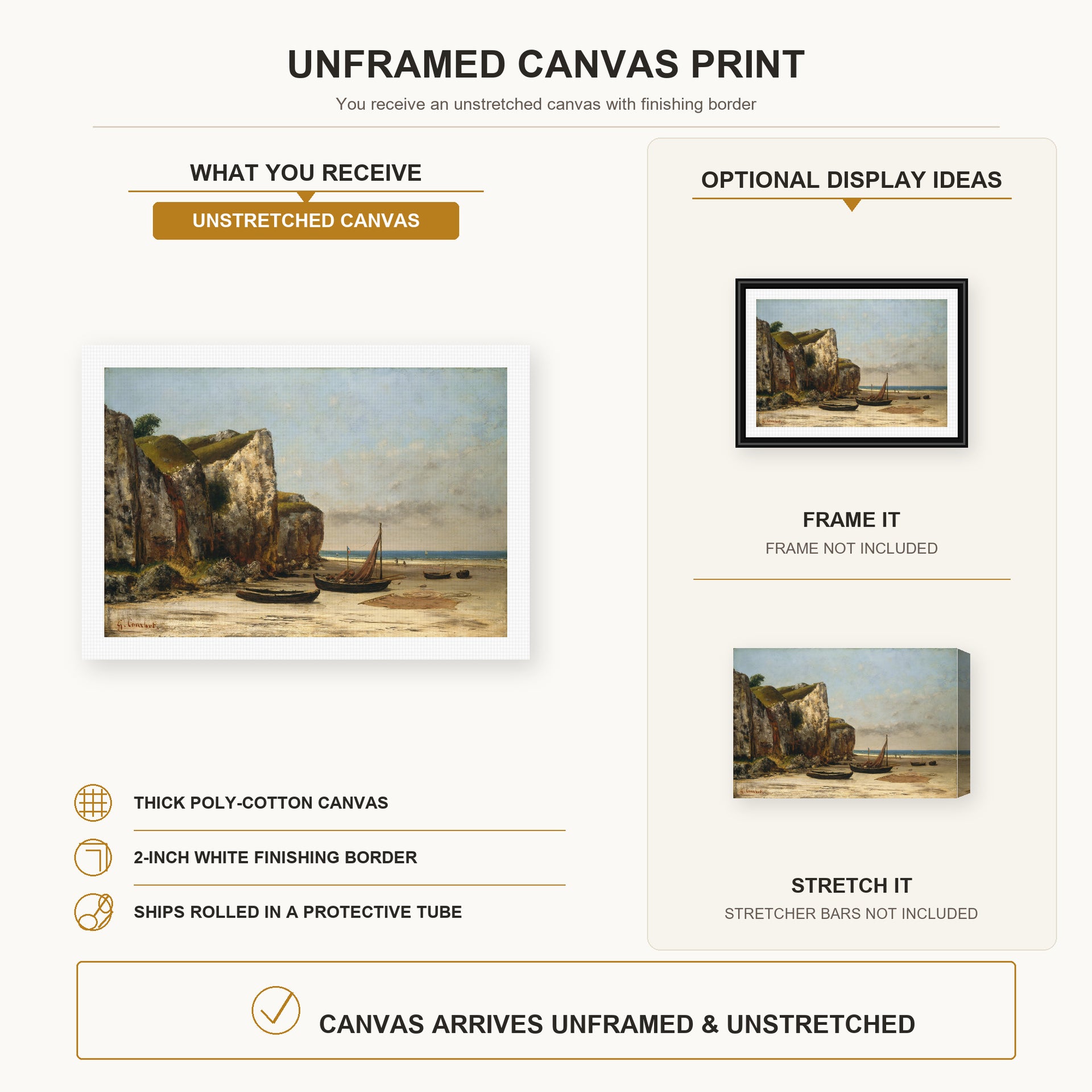 Gustave Courbet - Plage de Normandie canvas print size comparison and framing display infographic