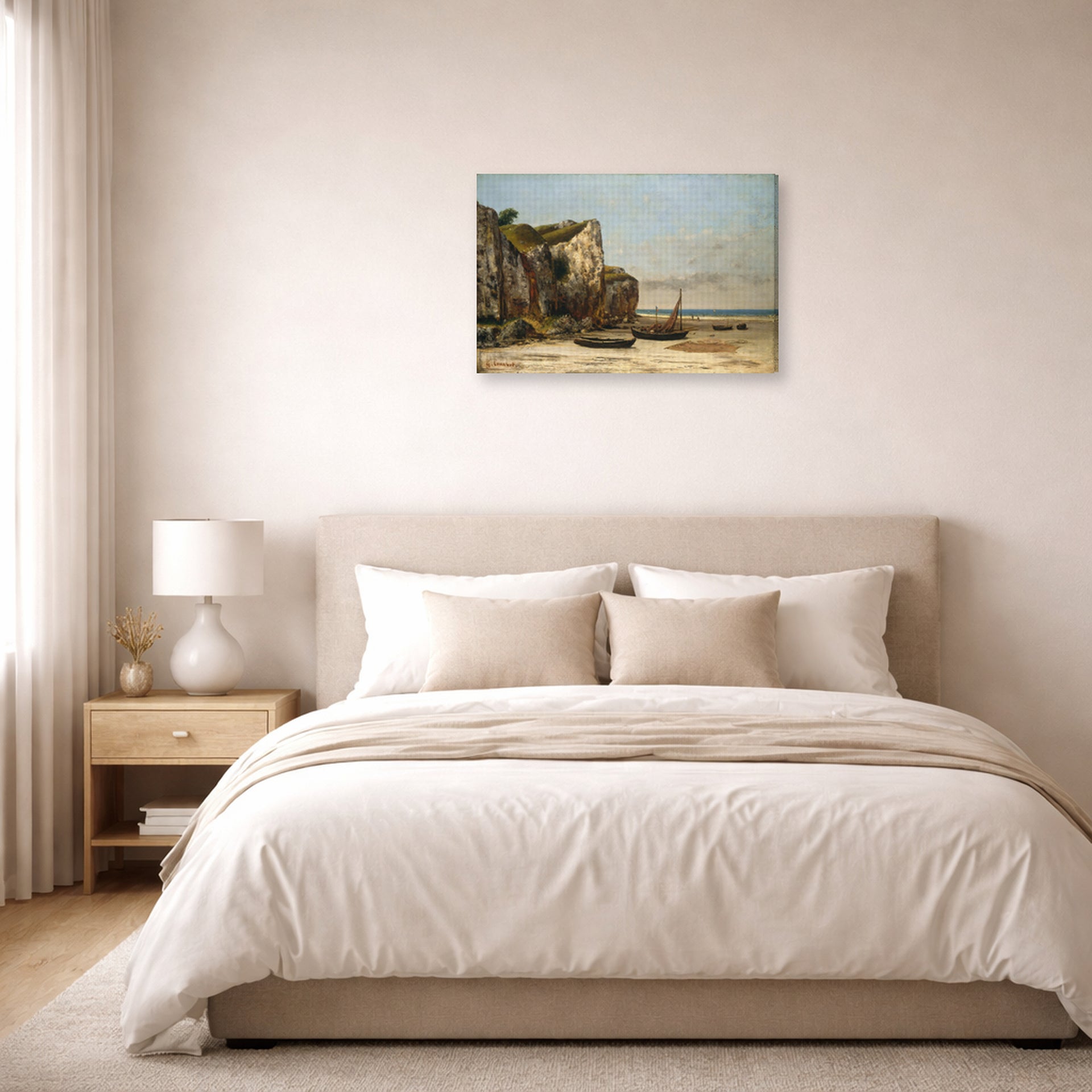 Gallery-wrapped canvas print of Gustave Courbet's Plage de Normandie displayed on a wall in a bedroom