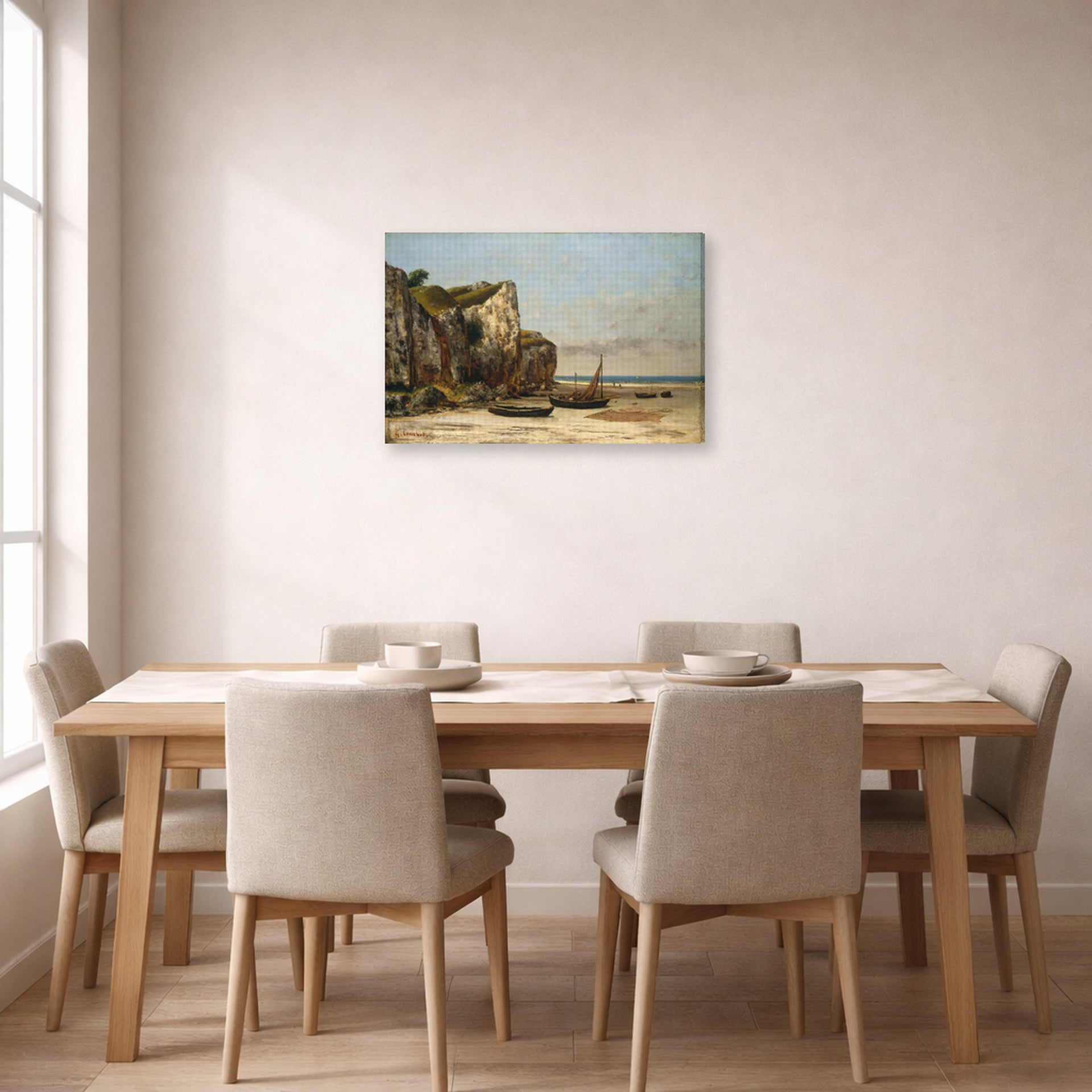 Gallery-wrapped canvas print of Gustave Courbet's Plage de Normandie displayed on a wall in a dining room