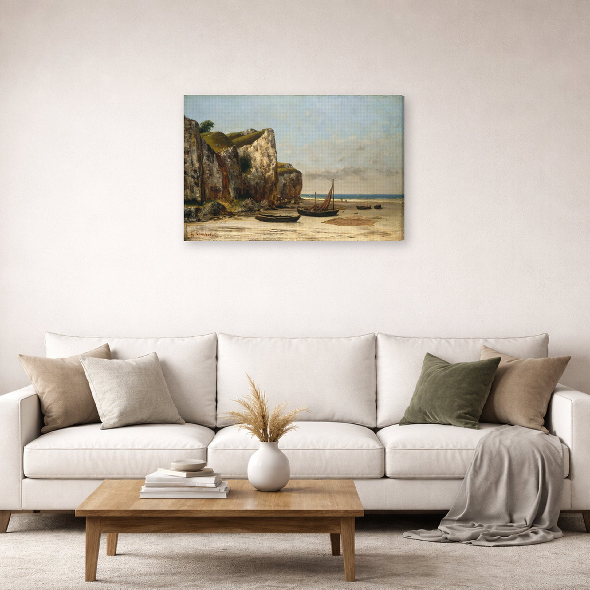 Gallery-wrapped canvas print of Gustave Courbet's Plage de Normandie displayed on a wall in a living room