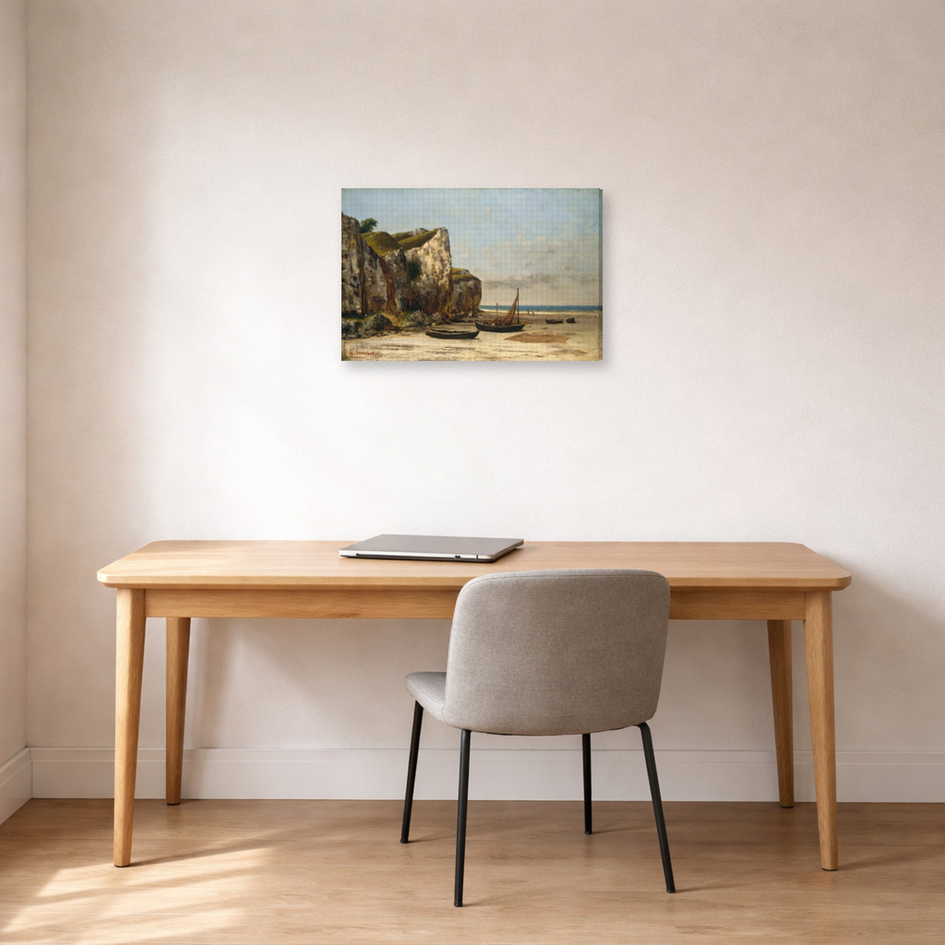 Gallery-wrapped canvas print of Gustave Courbet's Plage de Normandie displayed on a wall in a home office
