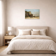 Unframed poster print of Gustave Courbet's Plage de Normandie displayed on a wall in a bedroom