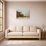 Unframed poster print of Gustave Courbet's Plage de Normandie displayed on a wall in a living room