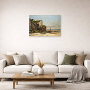 Unframed poster print of Gustave Courbet's Plage de Normandie displayed on a wall in a living room