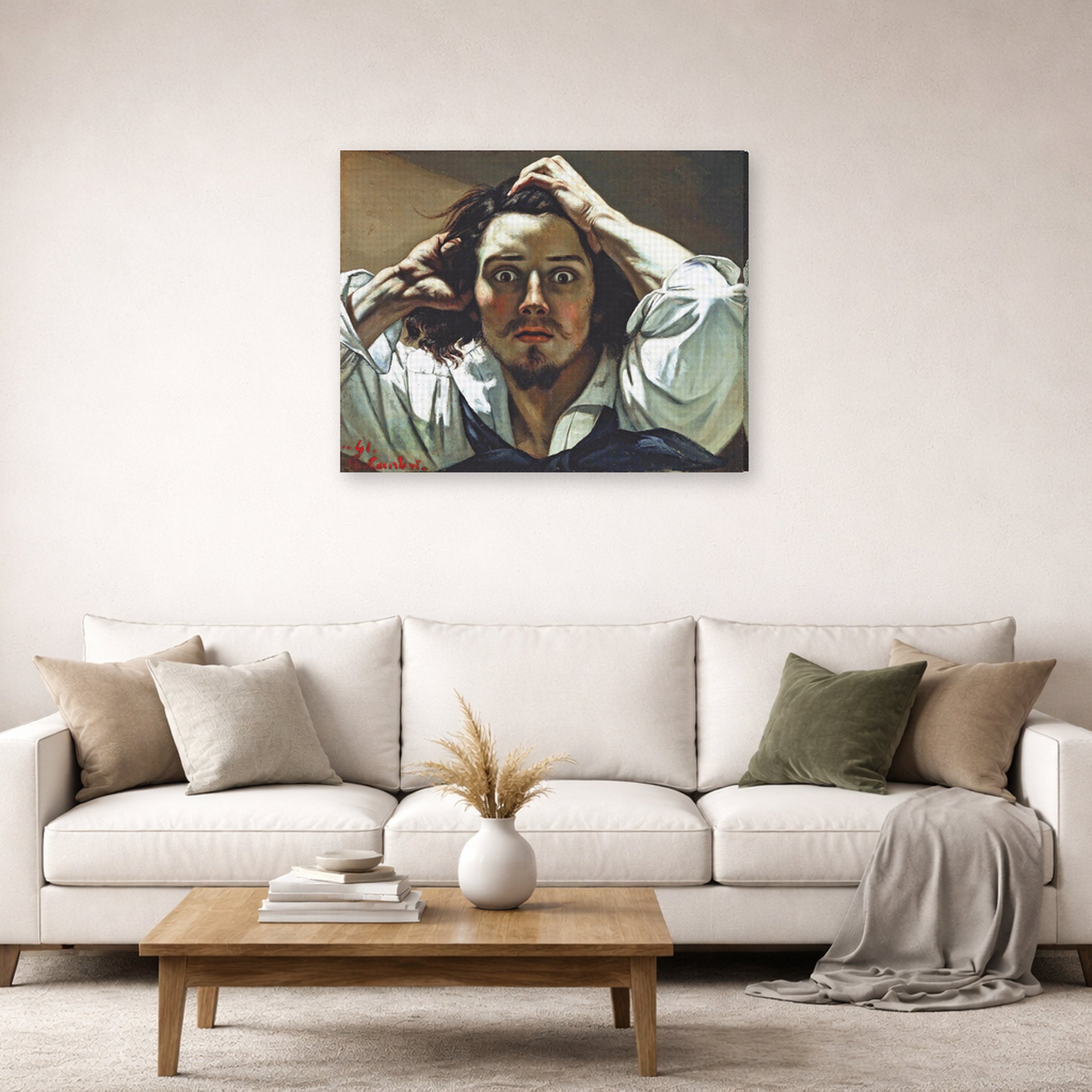 Gallery-wrapped canvas print of Gustave Courbet's Selfportrait (The Desperate Man) displayed on a wall in a living room
