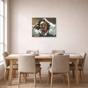 Unframed poster print of Gustave Courbet's Selfportrait (The Desperate Man) displayed on a wall in a dining room