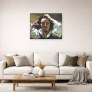 Unframed poster print of Gustave Courbet's Selfportrait (The Desperate Man) displayed on a wall in a living room