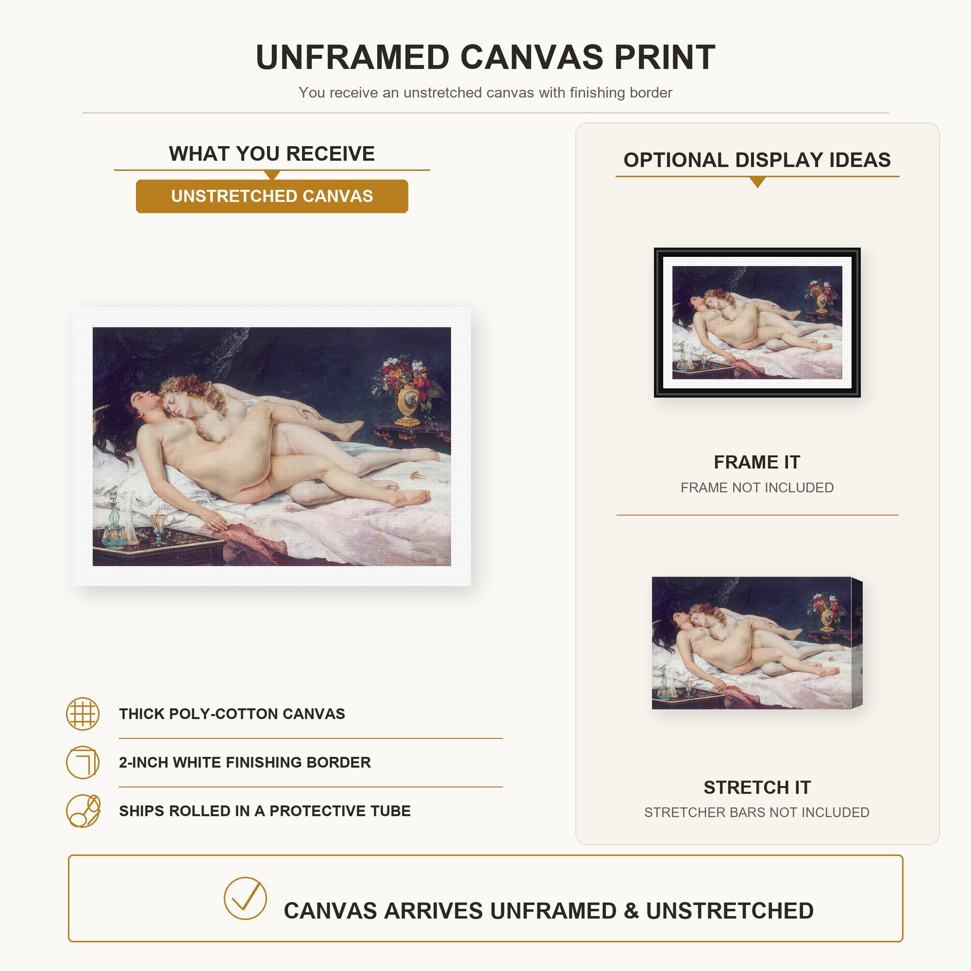 Gustave Courbet - Sleep canvas print size comparison and framing display infographic
