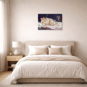 Gallery-wrapped canvas print of Gustave Courbet's Sleep displayed on a wall in a bedroom