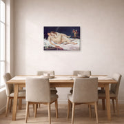 Gallery-wrapped canvas print of Gustave Courbet's Sleep displayed on a wall in a dining room