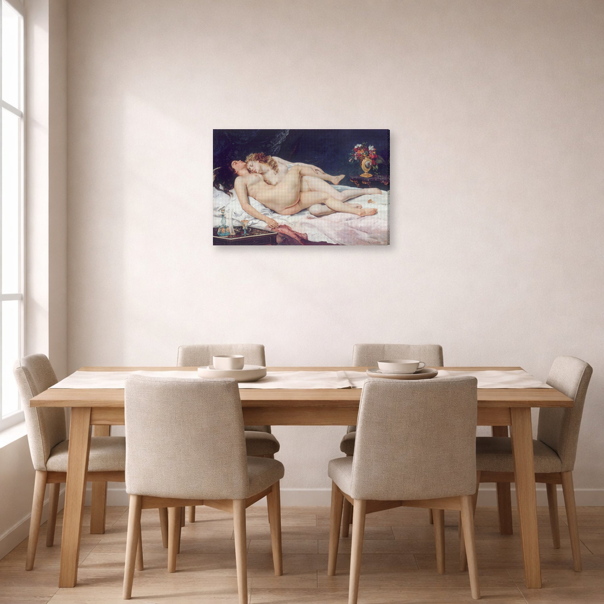 Gallery-wrapped canvas print of Gustave Courbet's Sleep displayed on a wall in a dining room