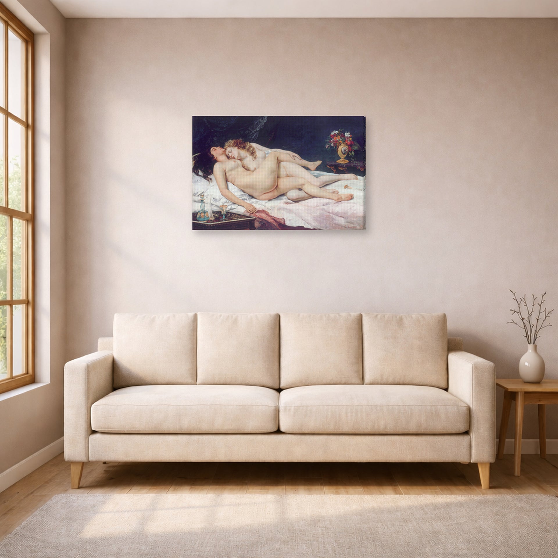 Gallery-wrapped canvas print of Gustave Courbet's Sleep displayed on a wall in a living room