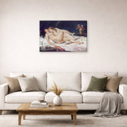 Gallery-wrapped canvas print of Gustave Courbet's Sleep displayed on a wall in a living room