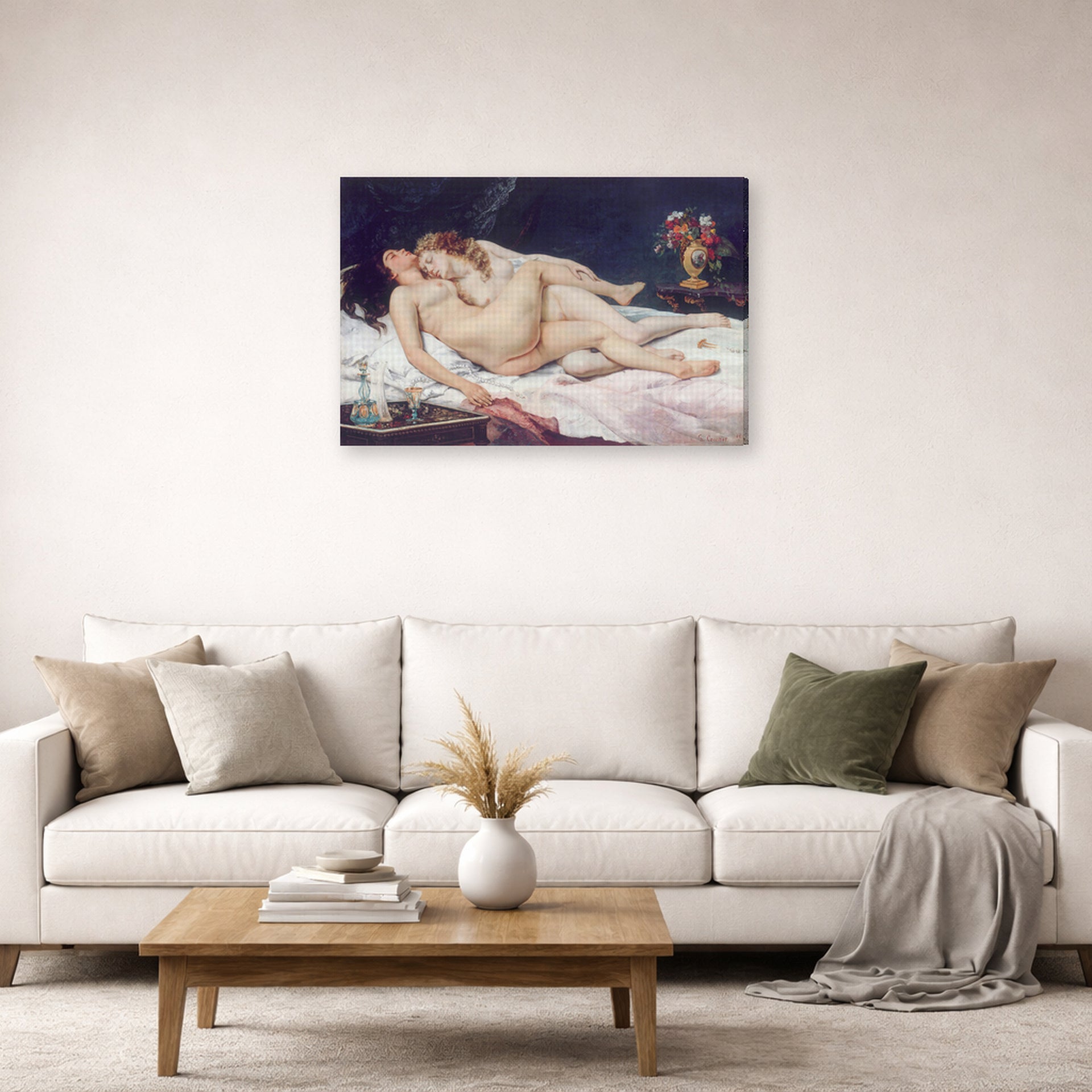 Gallery-wrapped canvas print of Gustave Courbet's Sleep displayed on a wall in a living room