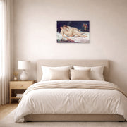 Unframed poster print of Gustave Courbet's Sleep displayed on a wall in a bedroom