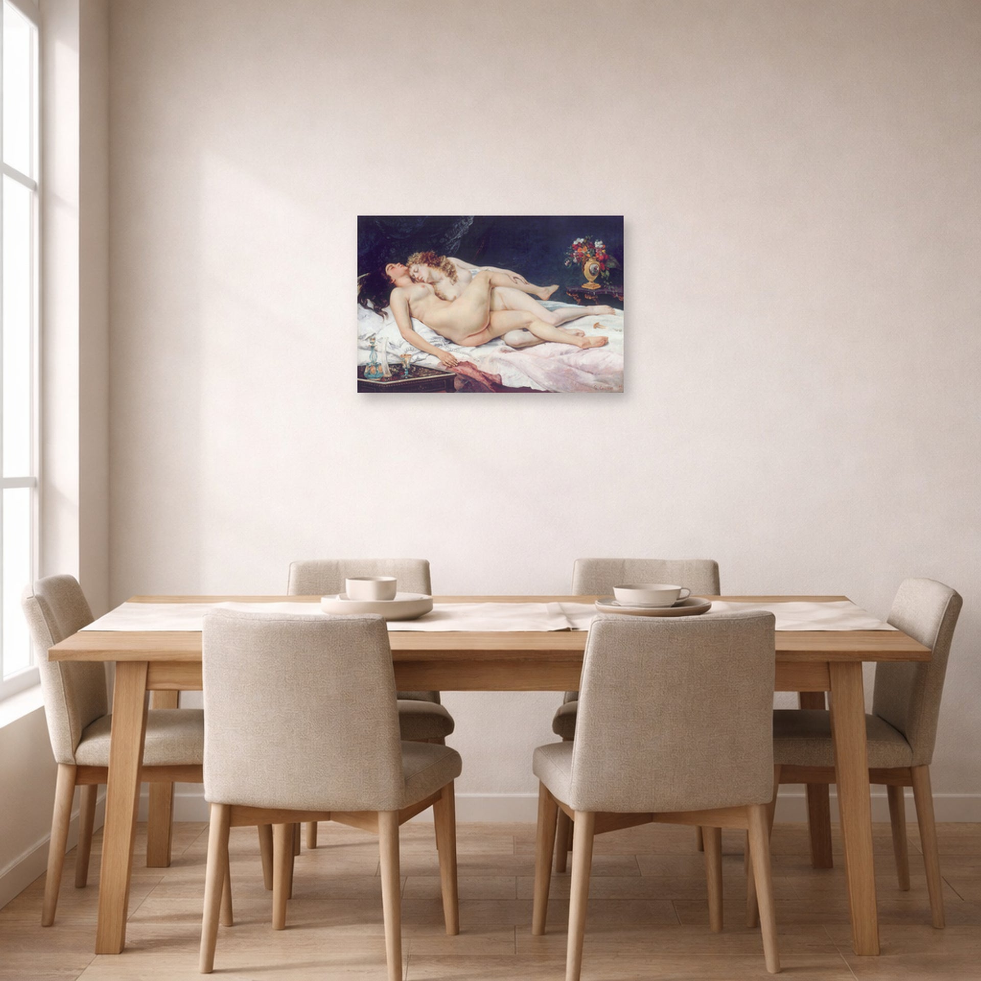 Unframed poster print of Gustave Courbet's Sleep displayed on a wall in a dining room