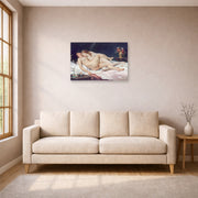 Unframed poster print of Gustave Courbet's Sleep displayed on a wall in a living room
