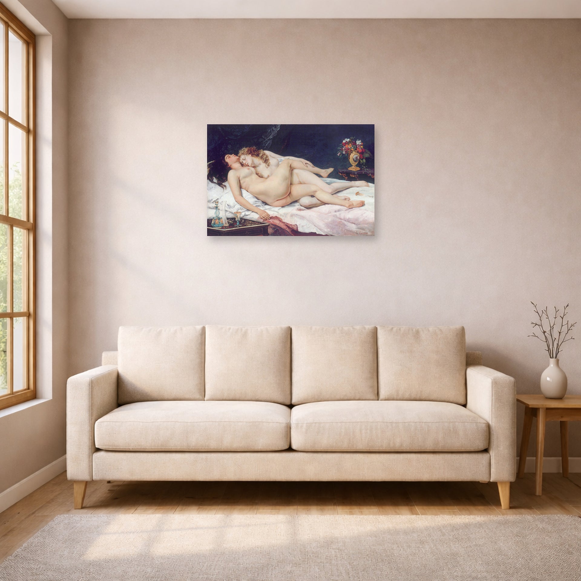 Unframed poster print of Gustave Courbet's Sleep displayed on a wall in a living room