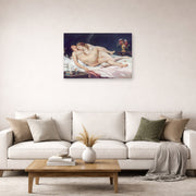 Unframed poster print of Gustave Courbet's Sleep displayed on a wall in a living room