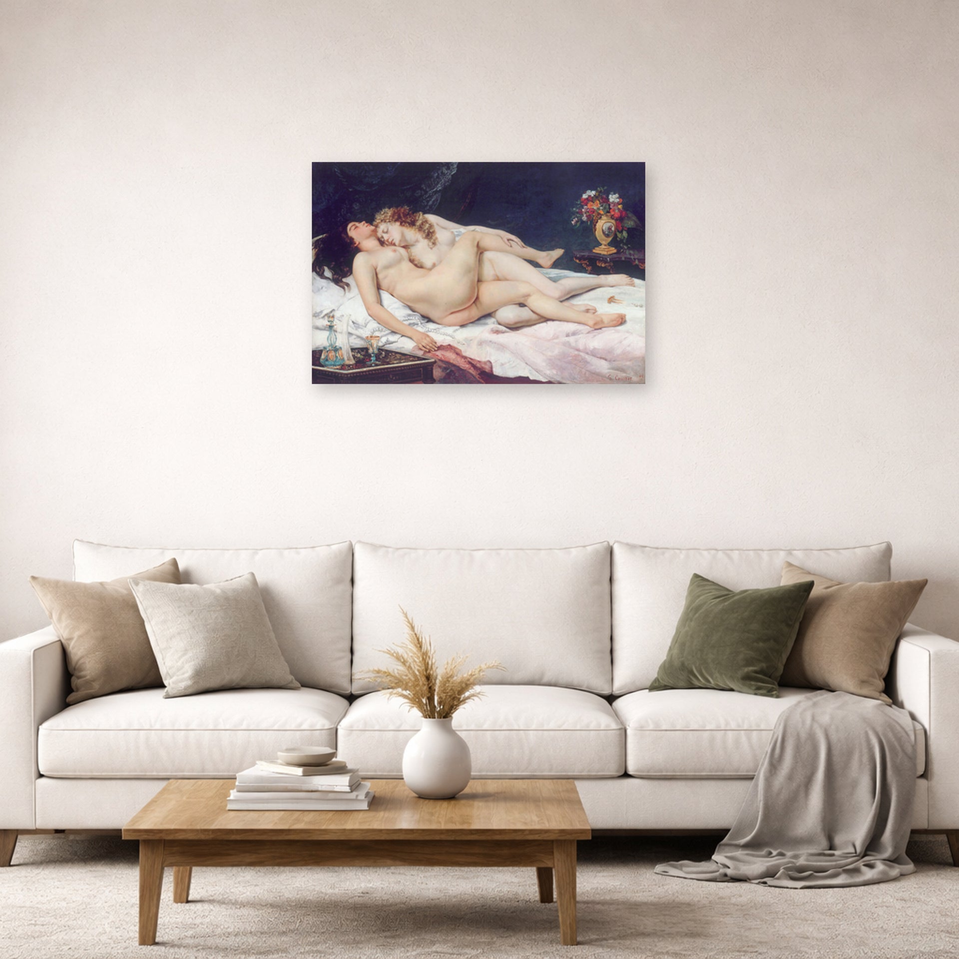 Unframed poster print of Gustave Courbet's Sleep displayed on a wall in a living room