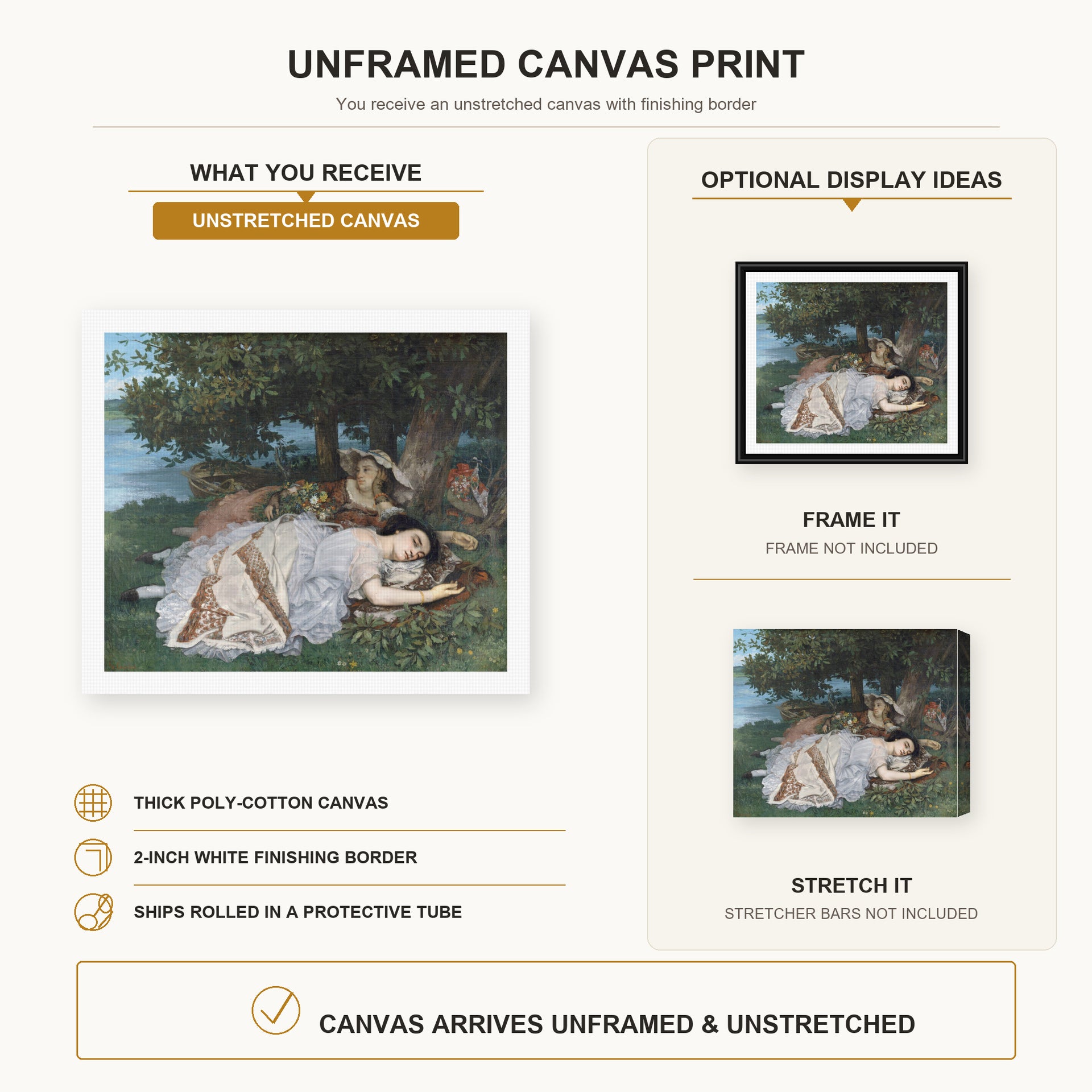 Gustave Courbet - The Uncompromising Emphasis on Density and Weight canvas print size comparison and framing display infographic