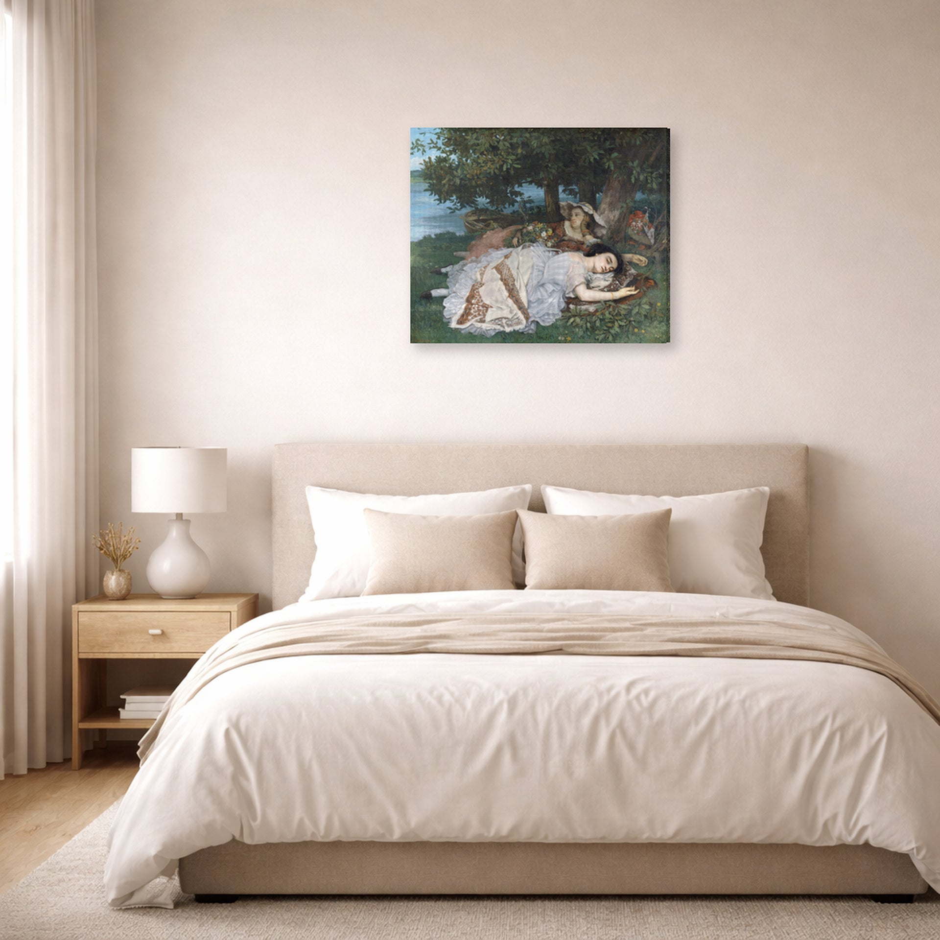 Gallery-wrapped canvas print of Gustave Courbet's The Uncompromising Emphasis on Density and Weight displayed on a wall in a bedroom