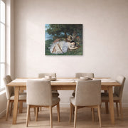 Gallery-wrapped canvas print of Gustave Courbet's The Uncompromising Emphasis on Density and Weight displayed on a wall in a dining room