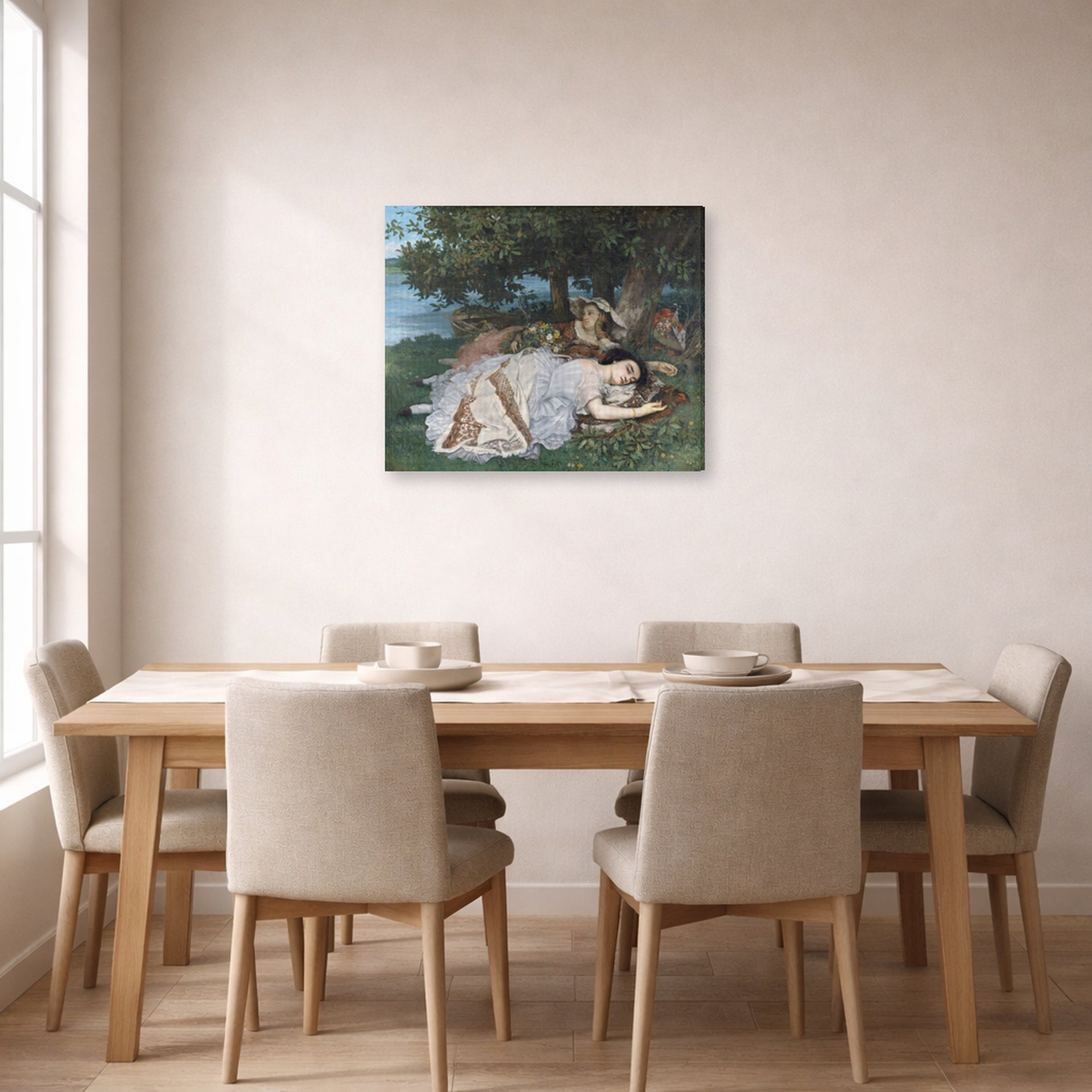 Gallery-wrapped canvas print of Gustave Courbet's The Uncompromising Emphasis on Density and Weight displayed on a wall in a dining room