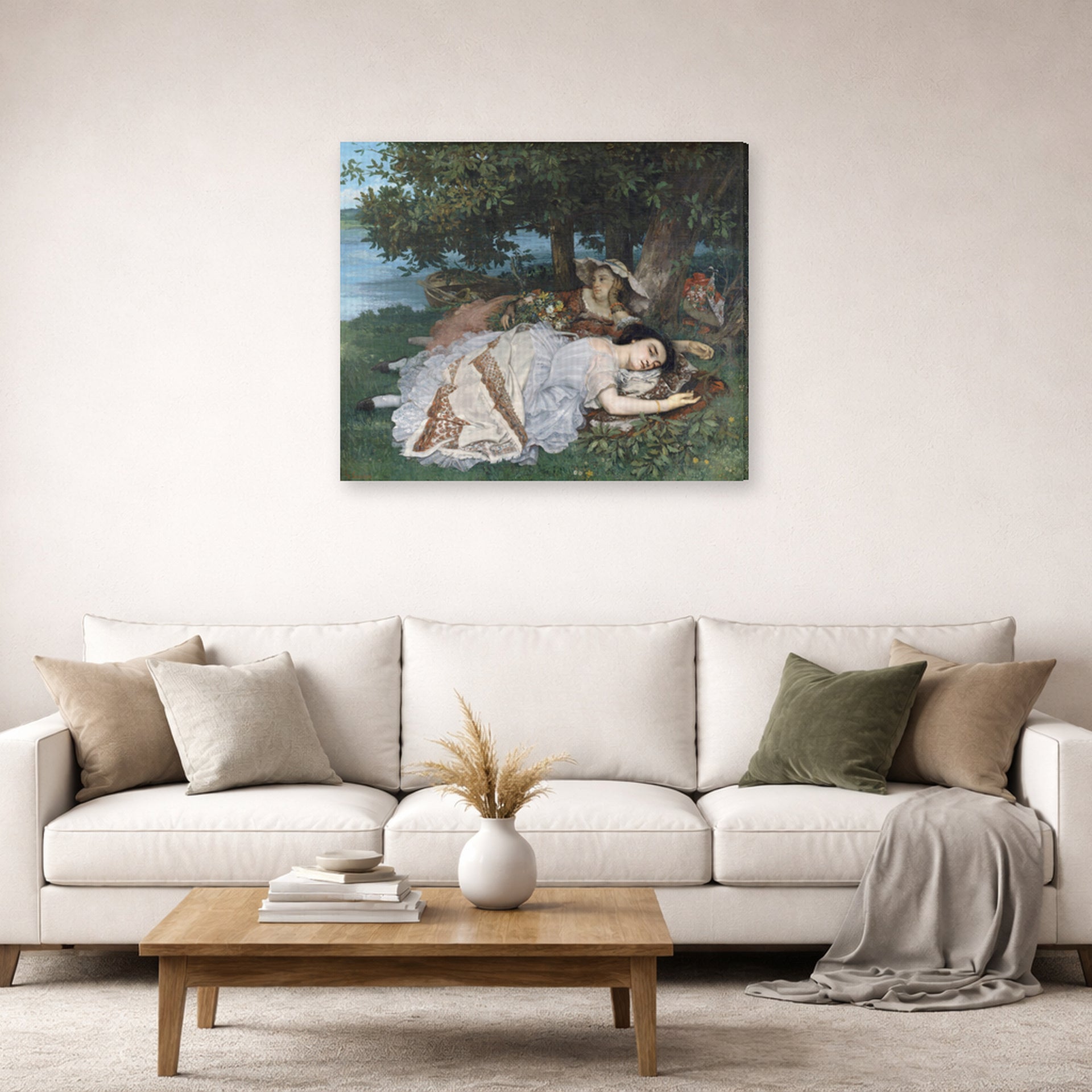 Gallery-wrapped canvas print of Gustave Courbet's The Uncompromising Emphasis on Density and Weight displayed on a wall in a living room