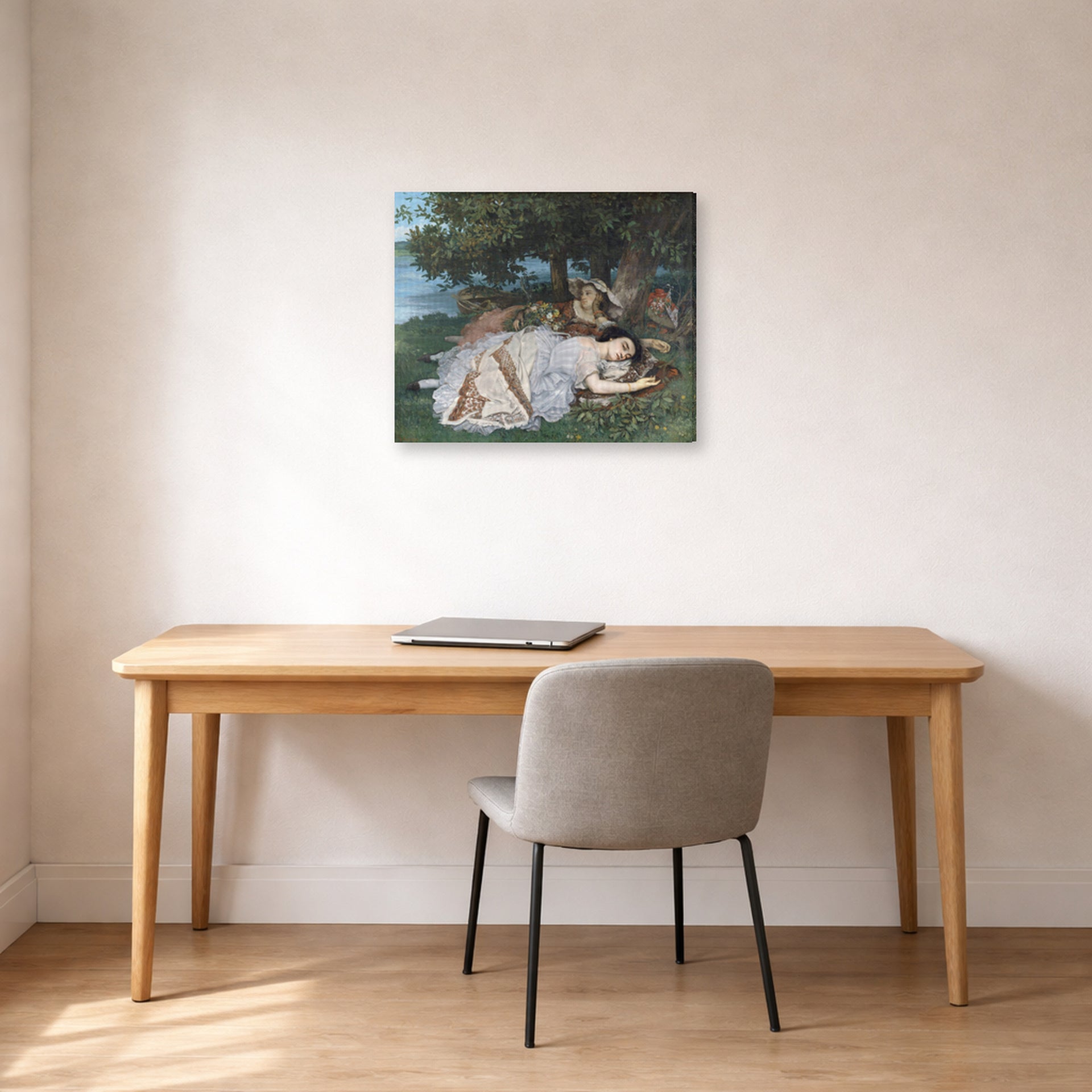Gallery-wrapped canvas print of Gustave Courbet's The Uncompromising Emphasis on Density and Weight displayed on a wall in a home office