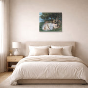 Unframed poster print of Gustave Courbet's The Uncompromising Emphasis on Density and Weight displayed on a wall in a bedroom