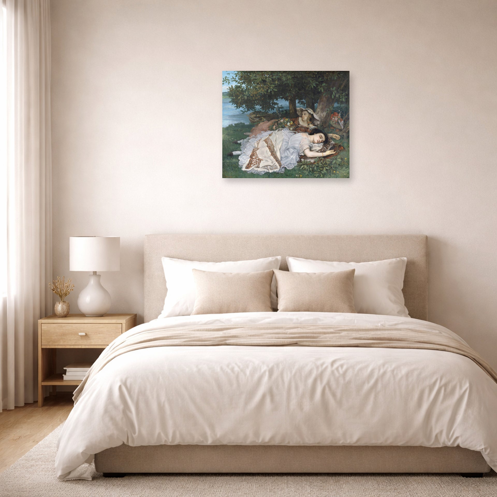 Unframed poster print of Gustave Courbet's The Uncompromising Emphasis on Density and Weight displayed on a wall in a bedroom