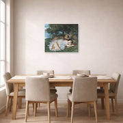 Unframed poster print of Gustave Courbet's The Uncompromising Emphasis on Density and Weight displayed on a wall in a dining room
