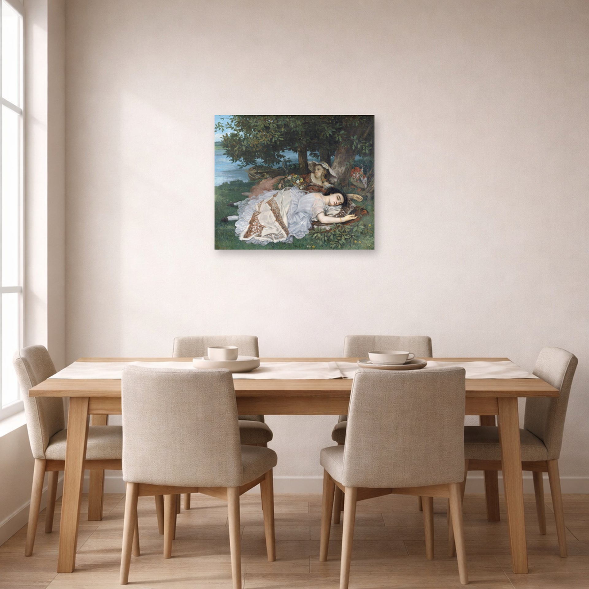 Unframed poster print of Gustave Courbet's The Uncompromising Emphasis on Density and Weight displayed on a wall in a dining room