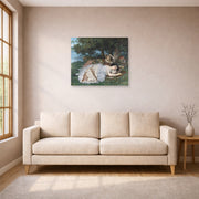 Unframed poster print of Gustave Courbet's The Uncompromising Emphasis on Density and Weight displayed on a wall in a living room