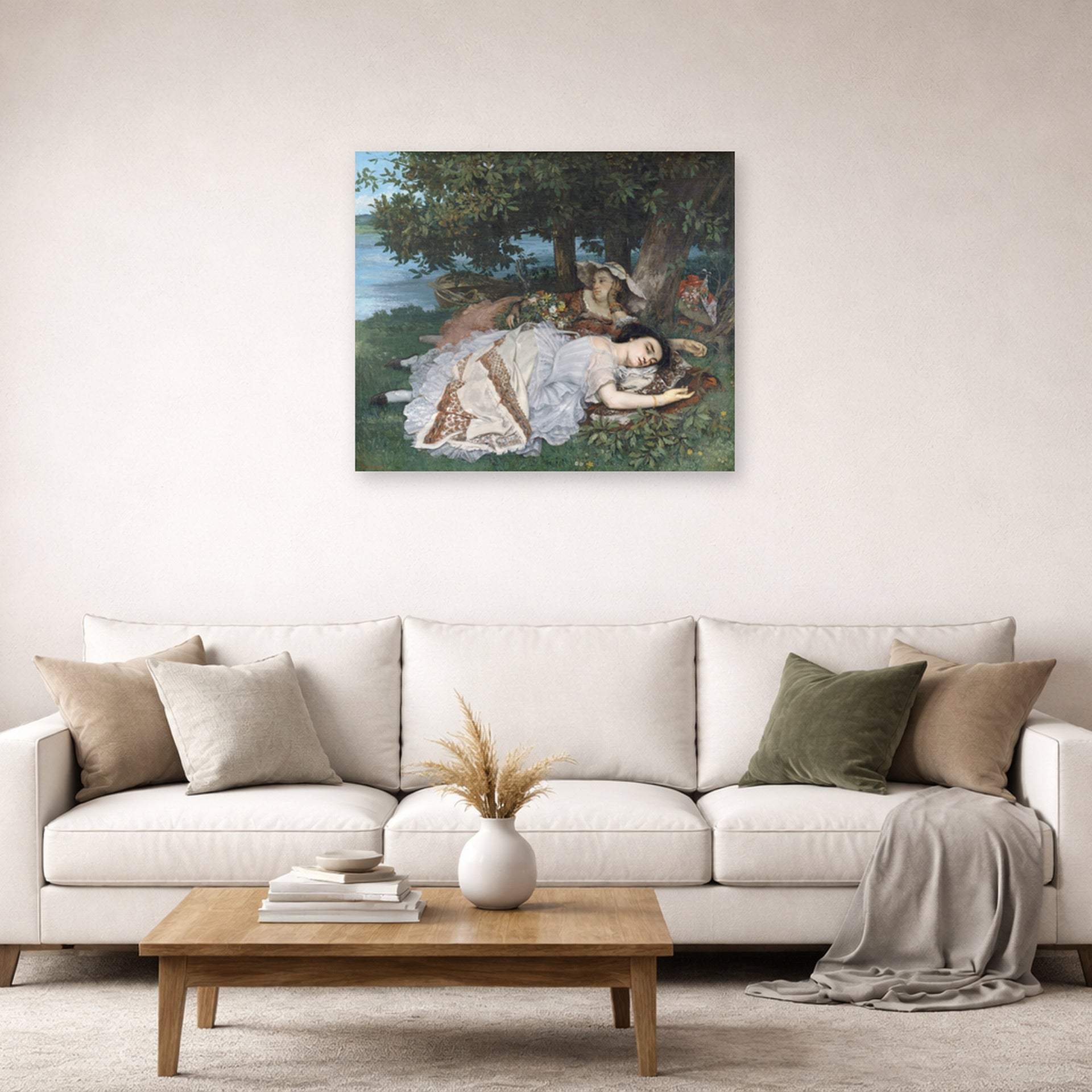 Unframed poster print of Gustave Courbet's The Uncompromising Emphasis on Density and Weight displayed on a wall in a living room