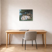 Unframed poster print of Gustave Courbet's The Uncompromising Emphasis on Density and Weight displayed on a wall in a home office