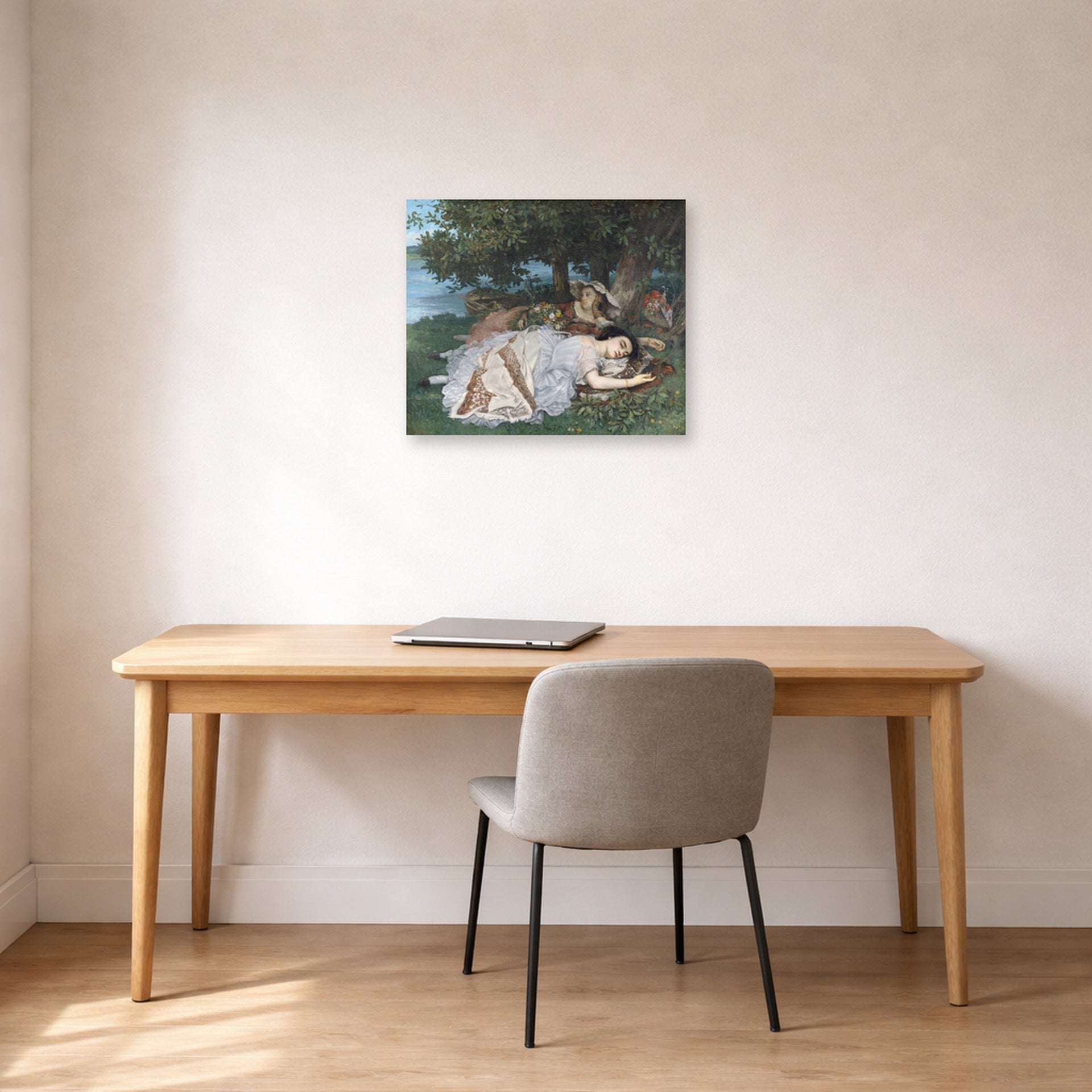 Unframed poster print of Gustave Courbet's The Uncompromising Emphasis on Density and Weight displayed on a wall in a home office