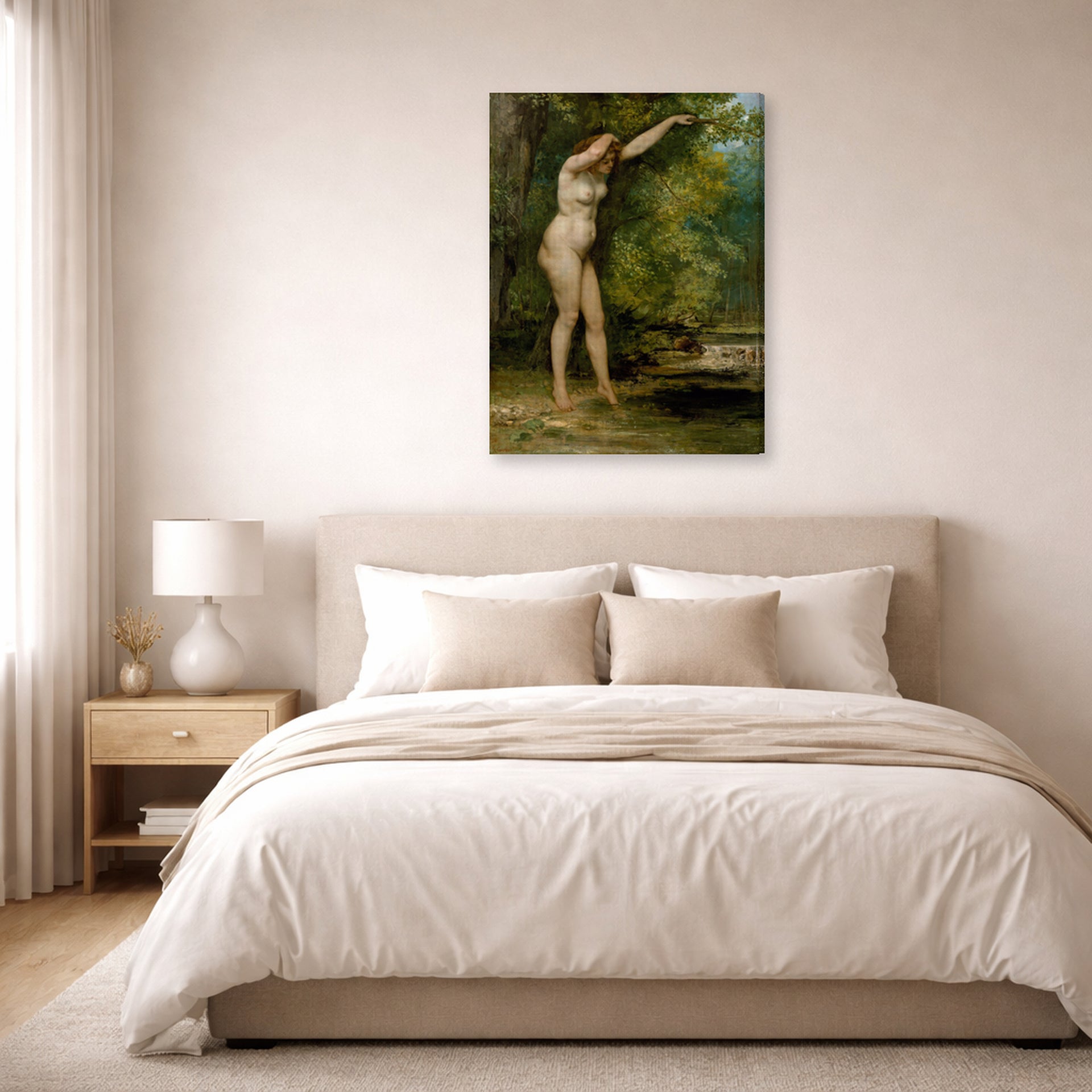 Gallery-wrapped canvas print of Gustave Courbet's The Young Bather displayed on a wall in a bedroom
