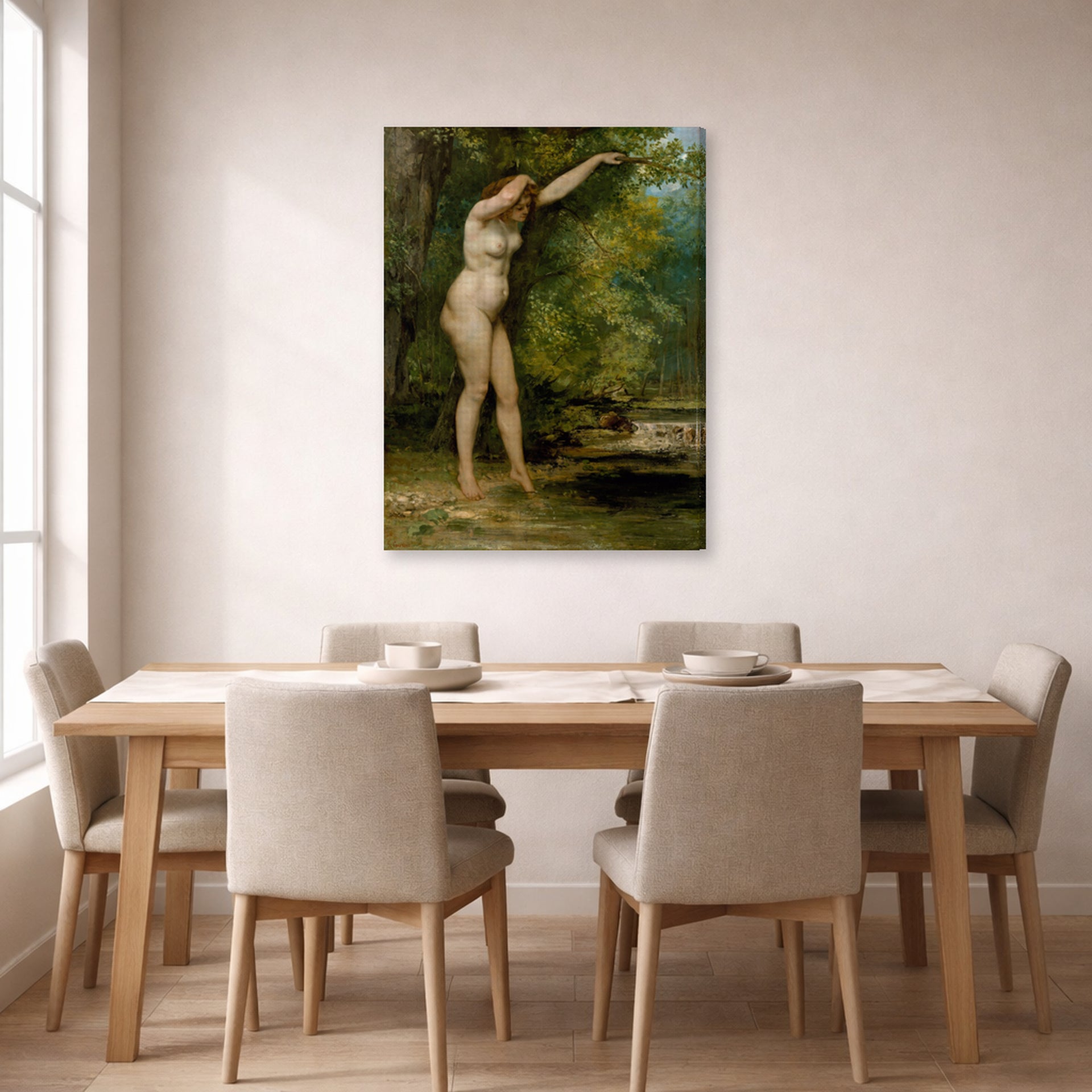 Gallery-wrapped canvas print of Gustave Courbet's The Young Bather displayed on a wall in a dining room