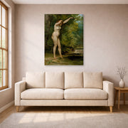 Gallery-wrapped canvas print of Gustave Courbet's The Young Bather displayed on a wall in a living room