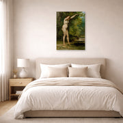 Unframed poster print of Gustave Courbet's The Young Bather displayed on a wall in a bedroom