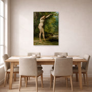 Unframed poster print of Gustave Courbet's The Young Bather displayed on a wall in a dining room