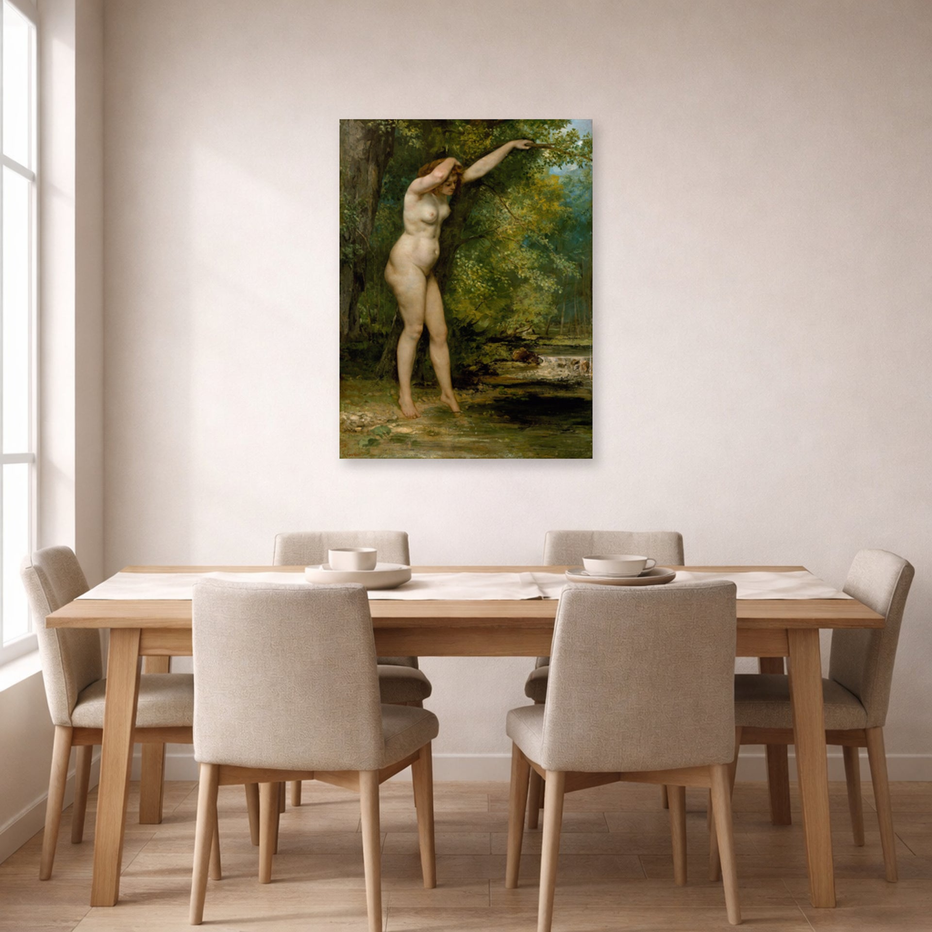 Unframed poster print of Gustave Courbet's The Young Bather displayed on a wall in a dining room